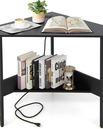 Corner Desk with Charging Station & USB Port, 90-degree Triangle Computer Workstation w/Storage Shelf, Metal Frame, Space-saving Laptop PC Desk for Small Space, Home Office (Black) - LeafyLoom