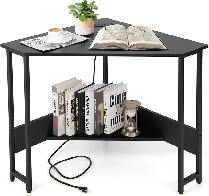 Corner Desk with Charging Station & USB Port, 90-degree Triangle Computer Workstation w/Storage Shelf, Metal Frame, Space-saving Laptop PC Desk for Small Space, Home Office (Black) - LeafyLoom