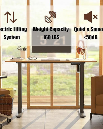 Height Adjustable Electric Standing Desk, 48 x 24 Inches Sit Stand up Desk, Home Office Desk with Whole-Piece Desktop, Maple Desktop/Black Frame - LeafyLoom