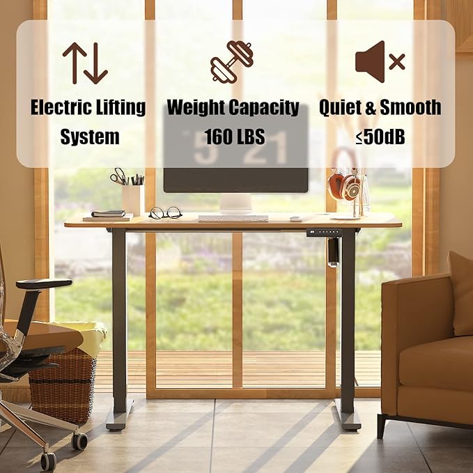 Height Adjustable Electric Standing Desk, 48 x 24 Inches Sit Stand up Desk, Home Office Desk with Whole-Piece Desktop, Maple Desktop/Black Frame - LeafyLoom