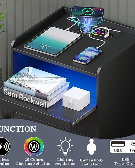 RGB Nightstand-Bedside-End-Table with USB &Wireless Charging Station: Smart Nightstand for Sofa Table with Human-Body Inductions, Modern Bedroom Furniture with Drawers for Living Room, Black - LeafyLoom