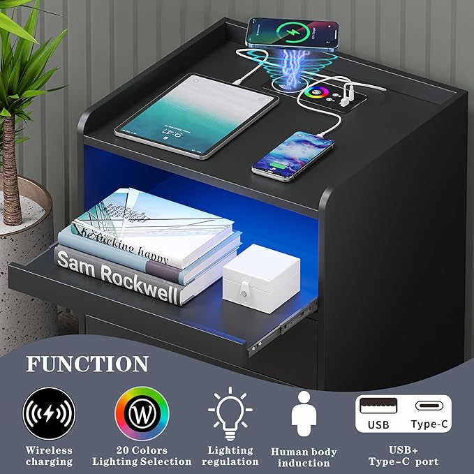 RGB Nightstand-Bedside-End-Table with USB &Wireless Charging Station: Smart Nightstand for Sofa Table with Human-Body Inductions, Modern Bedroom Furniture with Drawers for Living Room, Black - LeafyLoom