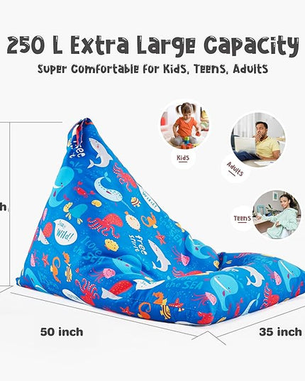 Nobildonna Stuffed Animal Storage Bean Bag Chair Cover Only for Kids and Adults, Extra Large Beanbag without Filling Plush Toys Holder and Organizer- Premium Canvas 250L (Sea Animals) - LeafyLoom