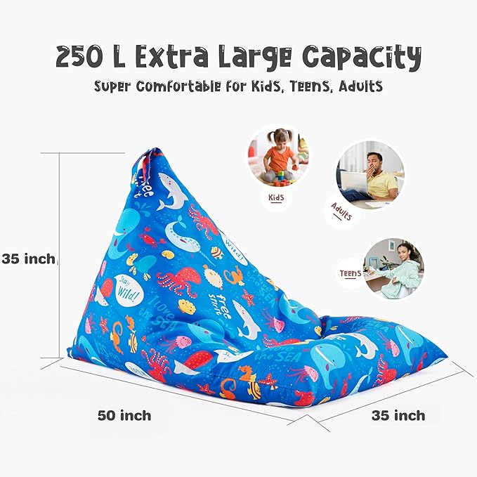 Nobildonna Stuffed Animal Storage Bean Bag Chair Cover Only for Kids and Adults, Extra Large Beanbag without Filling Plush Toys Holder and Organizer- Premium Canvas 250L (Sea Animals) - LeafyLoom