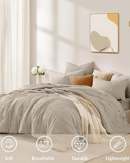 CASAAGUSTO Full Size Comforter Set, 7 Pieces Oatmeal Seersucker Bed in a Bag Full Size Soft All Seasons, Bedding Sets Full with Comforter, Flat Sheet, Fitted Sheet, 2 Pillow Shams, 2 Pillowcases - LeafyLoom