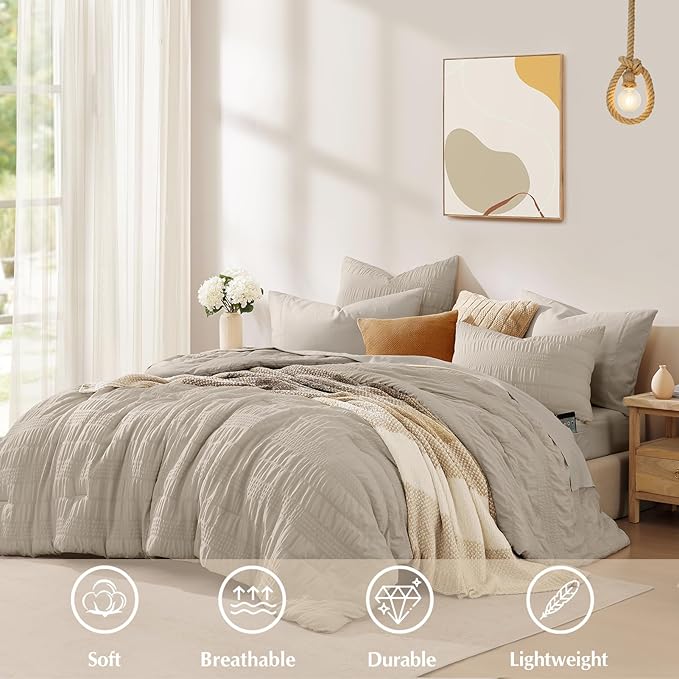 CASAAGUSTO Twin XL comforter Set, 5 Pieces Oatmeal Seersucker Bed in a Bag Twin XL Soft All Seasons, Twin Bedding Set with Comforter, Flat Sheet, Fitted Sheet, 1 Pillow Sham, 1 Pillowcase - LeafyLoom