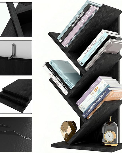 YMYNY 4 Tier Tree Bookshelf, Small Bookcase, Modern Wood Book Storage Rack, Freestanding Book shelf for Books/Movies/CDs, Narrow Display Rack for Living Room, Home Office, Black UHBC014B - LeafyLoom