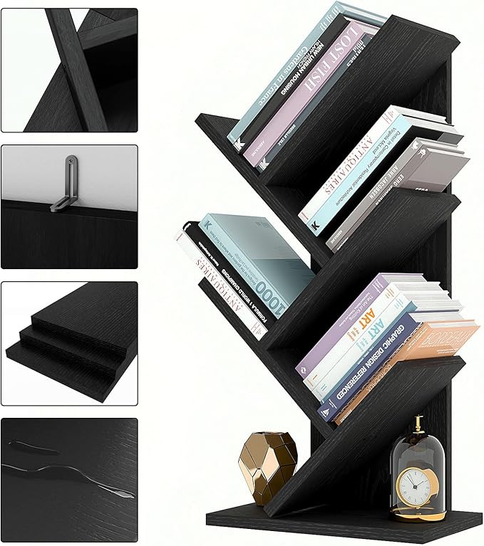 YMYNY 4 Tier Tree Bookshelf, Small Bookcase, Modern Wood Book Storage Rack, Freestanding Book shelf for Books/Movies/CDs, Narrow Display Rack for Living Room, Home Office, Black UHBC014B - LeafyLoom