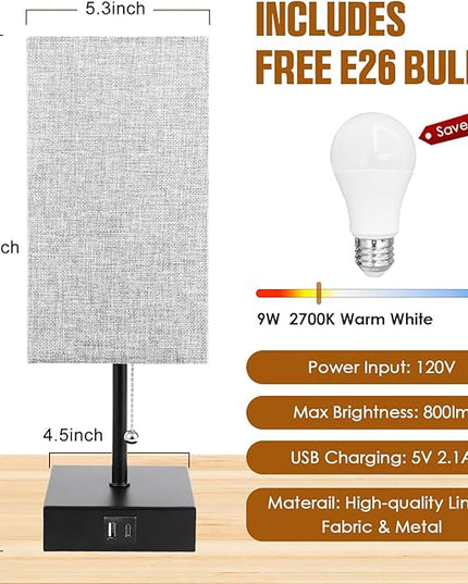 Table Lamp for Bedroom with USB A Port and C Port, Grey Bedside Lamp Night Stand Light Lamp with Square Fabric Shade, Small Lamp for Boys, with LED Bulb - LeafyLoom