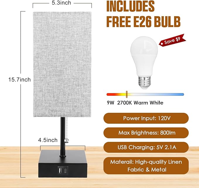 Table Lamp for Bedroom with USB A Port and C Port, Grey Bedside Lamp Night Stand Light Lamp with Square Fabric Shade, Small Lamp for Boys, with LED Bulb - LeafyLoom