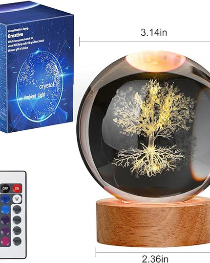 Large 3D Tree Night Light Crystal Ball, Spiritual Gifts for Women Crystal Lamp 16 Color Changing with Remote Control for Bedroom Decor, Spiritual Decor Tree Figurines - LeafyLoom