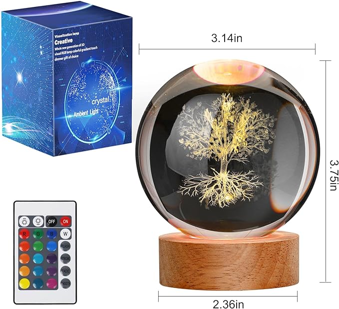 Large 3D Tree Night Light Crystal Ball, Spiritual Gifts for Women Crystal Lamp 16 Color Changing with Remote Control for Bedroom Decor, Spiritual Decor Tree Figurines - LeafyLoom