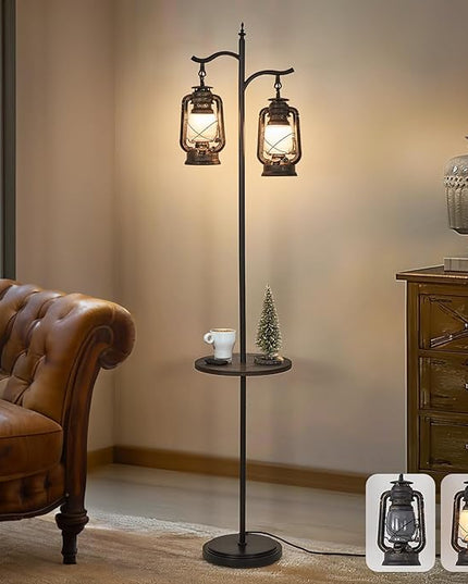 Farmhouse floor lamp with table, Double head vintage floor lantern, Standing lamp for living room，bedroom, Rustic Floor Lamp with Black Brown Finish - LeafyLoom