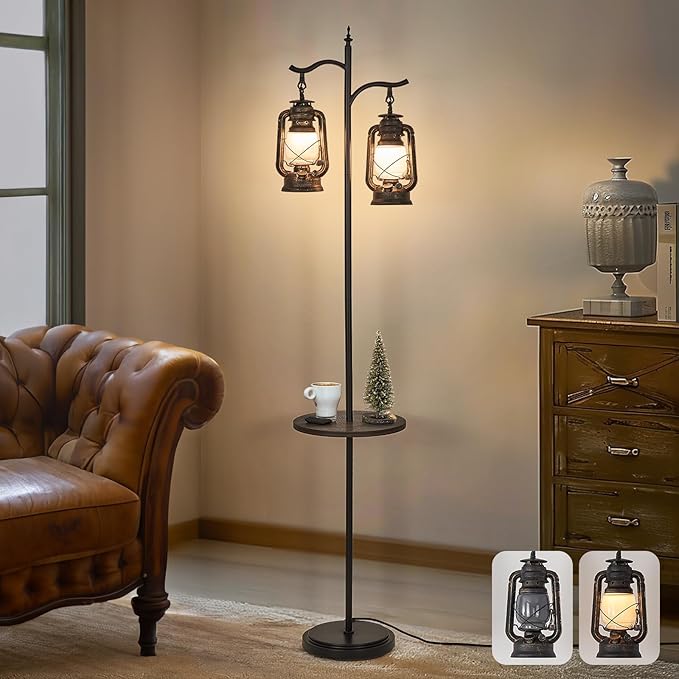 Farmhouse floor lamp with table, Double head vintage floor lantern, Standing lamp for living room，bedroom, Rustic Floor Lamp with Black Brown Finish - LeafyLoom