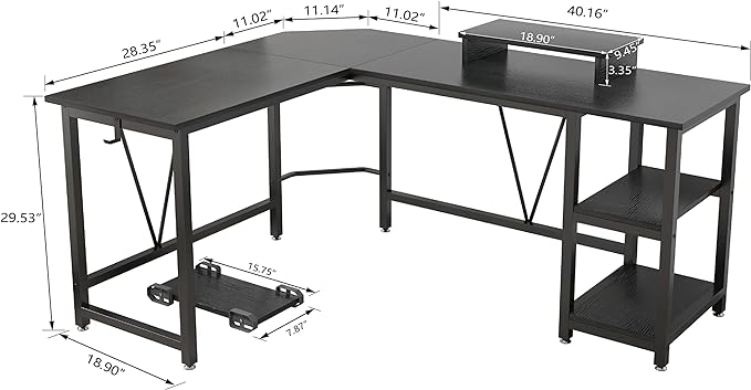 Computer desk, L-shaped Corner Desk with 2-Layer Storage,Large PC Laptop Table with Monitor Stand and CPU Stand,Gaming Desk Writing Table for Office Home (Black Carbon Fiber) - LeafyLoom