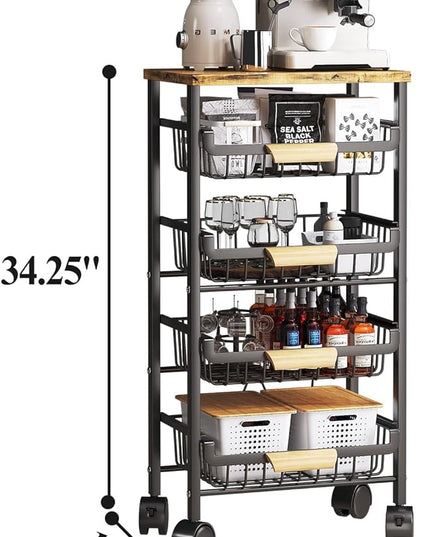 Wisdom Star 5 Tier Fruit Basket for Kitchen, Vegetable Storage Cart with Wooden Tabletop, Vegetable Basket Bins for Onions and Potatoes, Wire Storage Basket Organizer Utility Cart with Wheels, Black - LeafyLoom