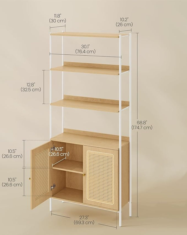 VASAGLE 6-Tier Bookcase, Bookshelf with Rattan-Like Door, Boho Style, Freestanding 30.1-Inch Wide Storage Shelf, Metal Frame, Adjustable Shelf, for Living Room, Oak Beige and Pearl White ULLS124W57 - LeafyLoom