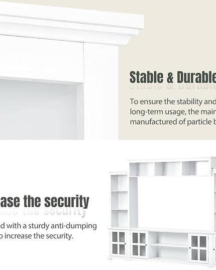 Merax Minimalism Style Entertainment Wall Unit with Bridge, Multifunctional TV Stand with Tempered Glass Door Modern Console Table for Televisions Up to 70”, 104.3 inch Length, White - LeafyLoom