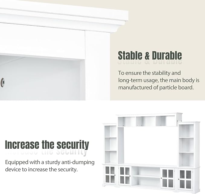 Entertainment Wall Unit with Bridge, Stand Media Console Table for TVs Up to 70" with Tempered Glass Door, Ample Storage Space for Living Room, 104 Inch, White - LeafyLoom