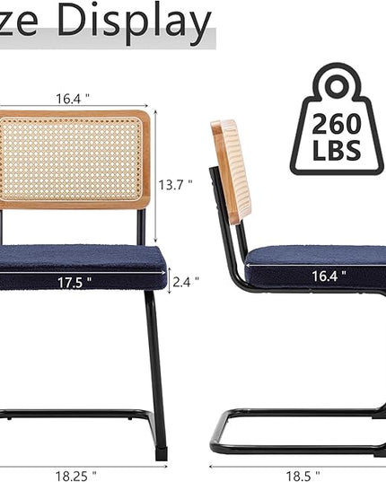 Rattan Dining Chairs Set of 2, Mid Century Modern Sherpa Dining Room Kitchen Chairs with Cane Back, Metal Chrome Legs, Upholstered Wicker Armless Accent Chairs, Blue - LeafyLoom