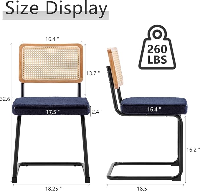 Rattan Dining Chairs Set of 2, Mid Century Modern Sherpa Dining Room Kitchen Chairs with Cane Back, Metal Chrome Legs, Upholstered Wicker Armless Accent Chairs, Blue - LeafyLoom