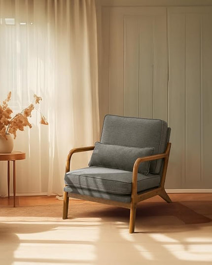 Bonnlo Linen Dark Grey Mid Century Modern Accent Chair, Soild Wood Padding Lounge Armchairs Side Sitting Chairs for Living Room, Bedroom, Guest Room - LeafyLoom