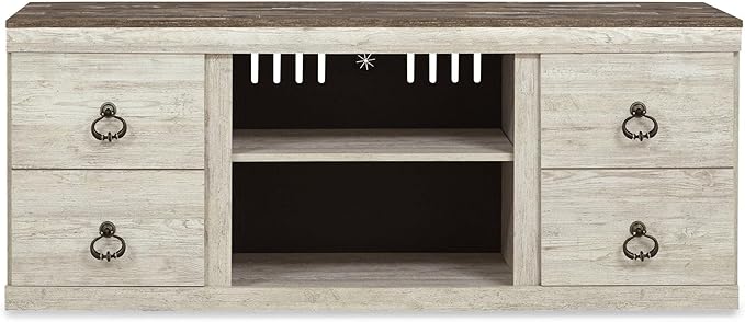 Signature Design by Ashley Willowton Shabby Chic Large TV Stand up to 60" with 3 Shelves and Fireplace Option, White - LeafyLoom