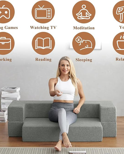 Convertible Folding Sofa - Modern Linen Fabric Coffee Table, Foldable Floor & Futon Couch, Space-Saving Chair with Pillow for Living Room/Dorm/Guest Room/Home Office/Apartment,Twin,Pale Gray - LeafyLoom