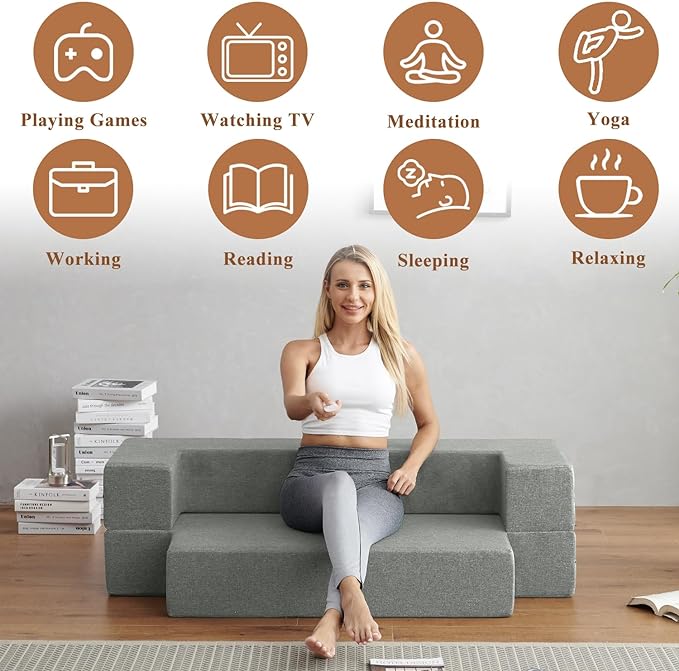 Convertible Folding Sofa - Modern Linen Fabric Coffee Table, Foldable Floor & Futon Couch, Space-Saving Chair with Pillow for Living Room/Dorm/Guest Room/Home Office/Apartment,Twin,Pale Gray - LeafyLoom