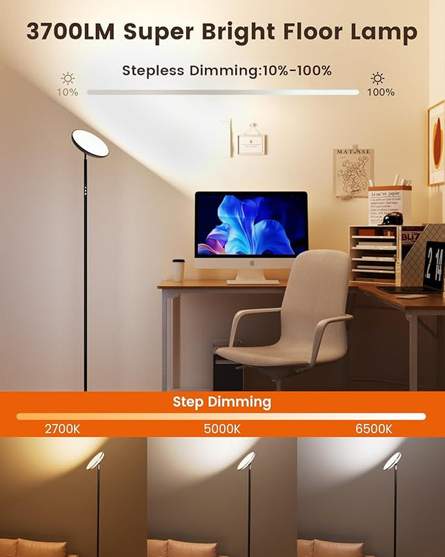 Bright Floor Lamp,42W 3700LM LED Torchiere Floor Lamps for Living Room, 71in. Modern Tall Standing Lamp with Remote,Color & Brightness Dimmable Sky Light,1/2/3H Timer for Bedroom,Office-Black - LeafyLoom