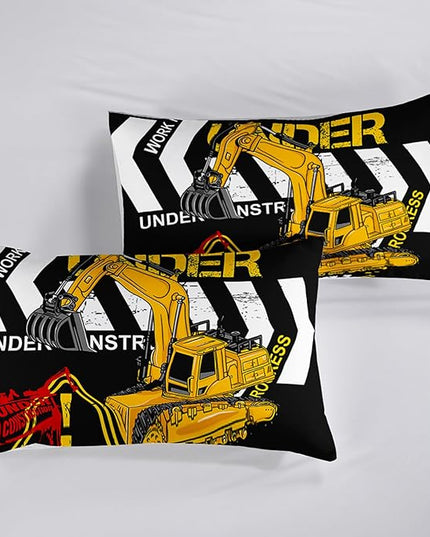 Excavator Comforter Twin Size,Construction Truck Comforter Set for Kids Teens Boys Girls,3Pcs Bedding Set Printed Comforter with 2 Pillowcases,Soft and Lightweight(Black，Twin Size) - LeafyLoom
