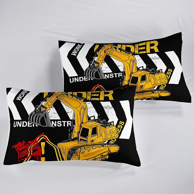 Excavator Comforter King Size,Construction Truck Comforter Set for Kids Teens Boys Girls,3Pcs Bedding Set Printed Comforter with 2 Pillowcases,Soft and Lightweight(Black，King Size) - LeafyLoom