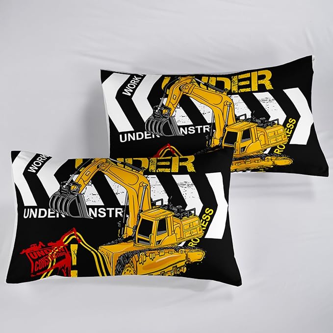 Excavator Comforter Queen Size,Construction Truck Comforter Set for Kids Teens Boys Girls,3Pcs Bedding Set Printed Comforter with 2 Pillowcases,Soft and Lightweight(Black，Queen Size) - LeafyLoom