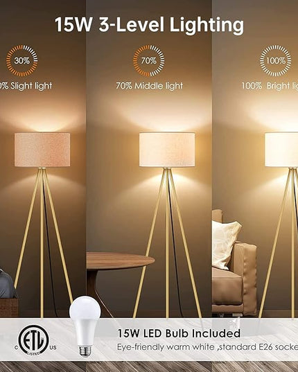 BoostArea Floor Lamp for Living Room, Tripod Floor Lamp, 15W LED Bulb, 3 Levels Dimmable Brightness, Linen Lamp Shade, Mid Century Standing Lamp for Living Room, Bedroom, Study Room and Office(Gold) - LeafyLoom