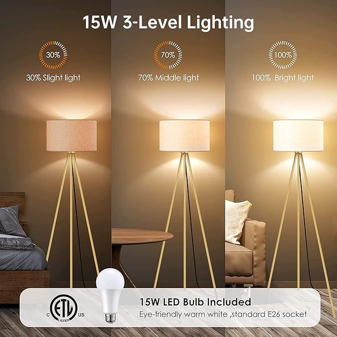 BoostArea Floor Lamp for Living Room, Tripod Floor Lamp, 15W LED Bulb, 3 Levels Dimmable Brightness, Linen Lamp Shade, Mid Century Standing Lamp for Living Room, Bedroom, Study Room and Office(Gold) - LeafyLoom