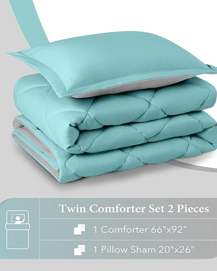 downluxe Twin Comforter Set - Turquoise and Grey Twin Comforter, Soft Bedding Sets for All Seasons -2 Pieces - 1 Comforter (66"x92") and 1 Pillow Sham(20"x26") - LeafyLoom