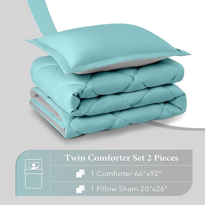 downluxe Twin Comforter Set - Turquoise and Grey Twin Comforter, Soft Bedding Sets for All Seasons -2 Pieces - 1 Comforter (66"x92") and 1 Pillow Sham(20"x26") - LeafyLoom