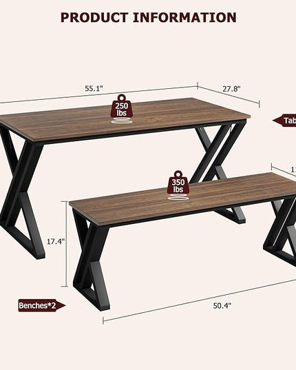 IDEALHOUSE Kitchen Table with Benches, Dining Table Benches Set for 4-6, Rectangular Kitchen Table Set with Sturdy Metal Frame, Saving Space for Kitchen, Dining Room, Apartment, 55", Retro Brown - LeafyLoom