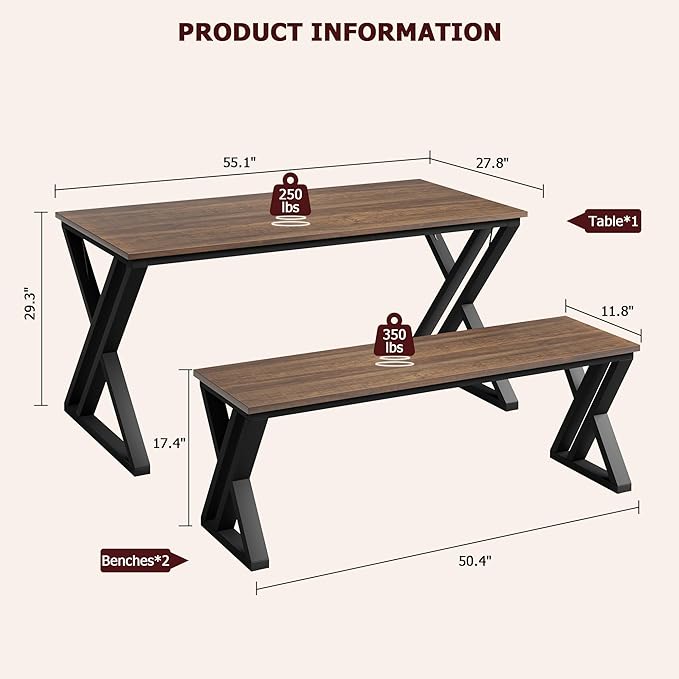 IDEALHOUSE Kitchen Table with Benches, Dining Table Benches Set for 4-6, Rectangular Kitchen Table Set with Sturdy Metal Frame, Saving Space for Kitchen, Dining Room, Apartment, 55", Retro Brown - LeafyLoom