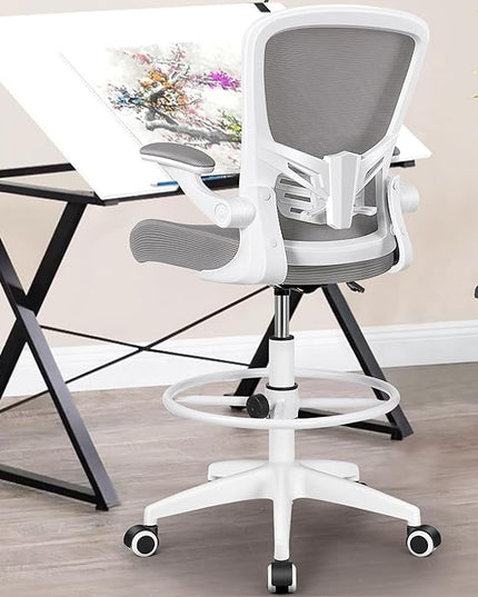 MINLOVE Drafting Office Chair, Ergonomic Tall Office Chair with Flip-up Armrests Executive Ergonomic Computer Standing Desk Chair with Lumbar Support and Adjustable Footrest(Gray) - LeafyLoom