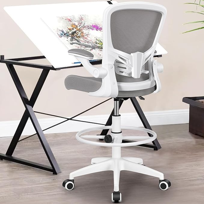 MINLOVE Drafting Office Chair, Ergonomic Tall Office Chair with Flip-up Armrests Executive Ergonomic Computer Standing Desk Chair with Lumbar Support and Adjustable Footrest(Gray) - LeafyLoom