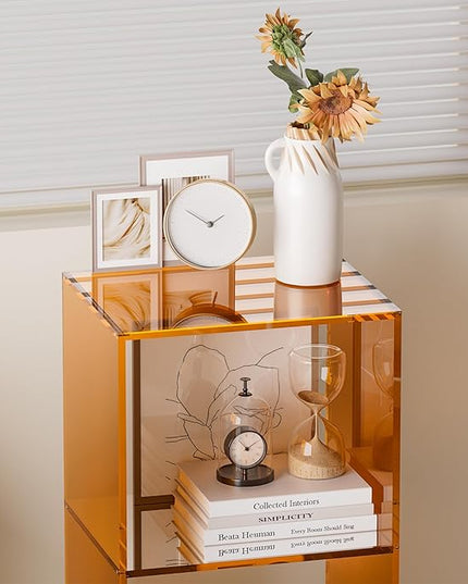 Acrylic Bookcase, 3 Tier Clear Floor Standing Bookshelf, 31.5 inch Tall Display Cube Storage Shelf Home Decor Furniture for Home, Office, Living Room, Bedroom - Transparent Orange - LeafyLoom