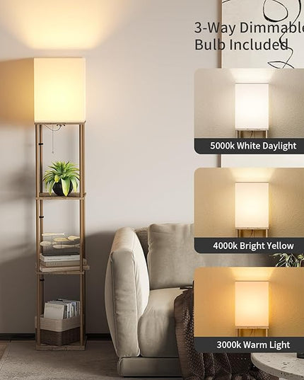 SUNMORY Floor Lamp with Shelves, Modern Square Standing Lamp with 3 Color Temperature Bulb, Corner Display Bookshelf Lamp for Living Room and Bedroom (Withered-leaf Color) - LeafyLoom