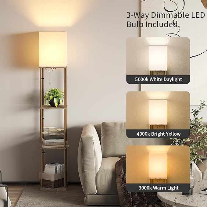 SUNMORY Floor Lamp with Shelves, Modern Square Standing Lamp with 3 Color Temperature Bulb, Corner Display Bookshelf Lamp for Living Room and Bedroom (Withered-leaf Color) - LeafyLoom