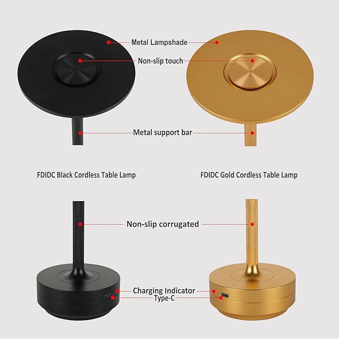 Cordless Table Lamps Rechargeable,Table Light USB Touch Bedside Battery Powered Table Lamp LED Portable Patio/Dining Table/bar 3-Level Brightnes [Burnished Gold] - LeafyLoom