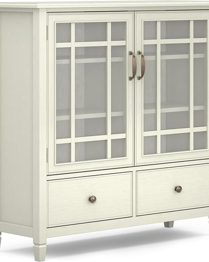SIMPLIHOME Connaught Low Storage Cabinet, 46 inch, Antique White - LeafyLoom