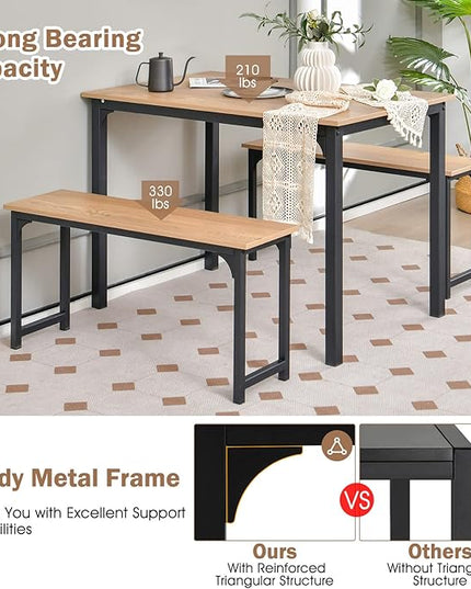KOTEK Dining Table Set for 4, Modern Kitchen Table Set with 2 Benches, 3 Piece Dining Table and Bench Set for Small Space, 4-Person Dinette Set for Kitchen, Dining Room (Natural) - LeafyLoom