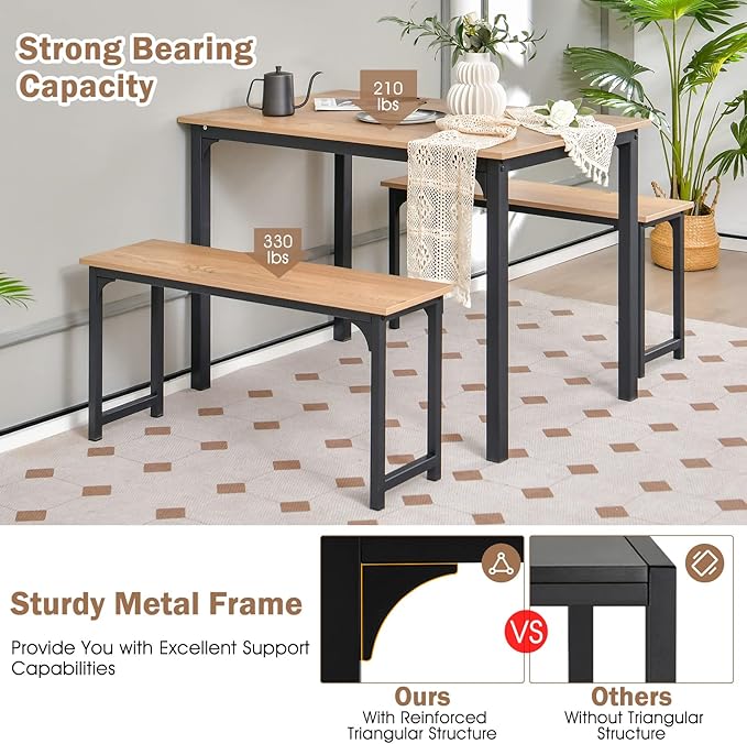 KOTEK Dining Table Set for 4, Modern Kitchen Table Set with 2 Benches, 3 Piece Dining Table and Bench Set for Small Space, 4-Person Dinette Set for Kitchen, Dining Room (Natural) - LeafyLoom