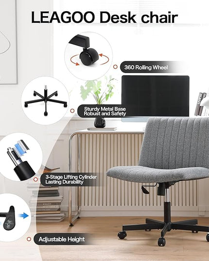 LEAGOO Cross Legged Office Chair, Armless Wide Desk Chair with Wheels, 120° Rocking Mid Back Ergonomic Computer Task Vanity Chairs with Height adiust, for Home, Office, Make up, Small Space, Dark gray - LeafyLoom