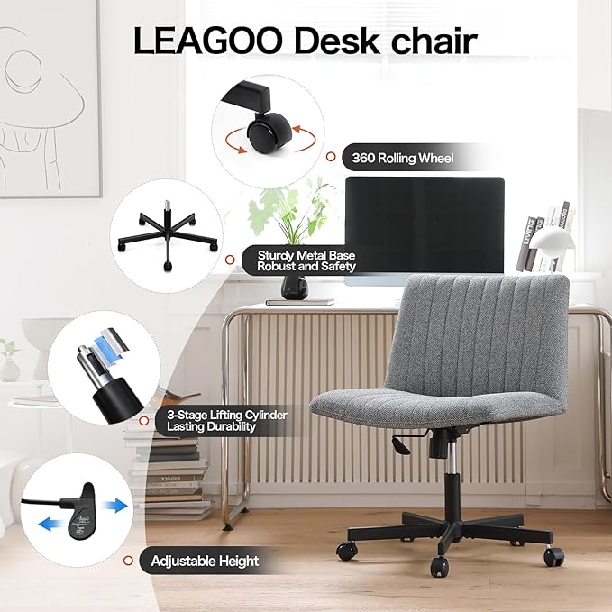 LEAGOO Cross Legged Office Chair, Armless Wide Desk Chair with Wheels, 120° Rocking Mid Back Ergonomic Computer Task Vanity Chairs with Height adiust, for Home, Office, Make up, Small Space, Dark gray - LeafyLoom